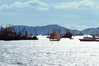 Junk Sailing between Cargo Ships, Western Harbour